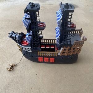 Fisher Price Pirate Ship 2006 Black With Blue & White Striped Sails 1204